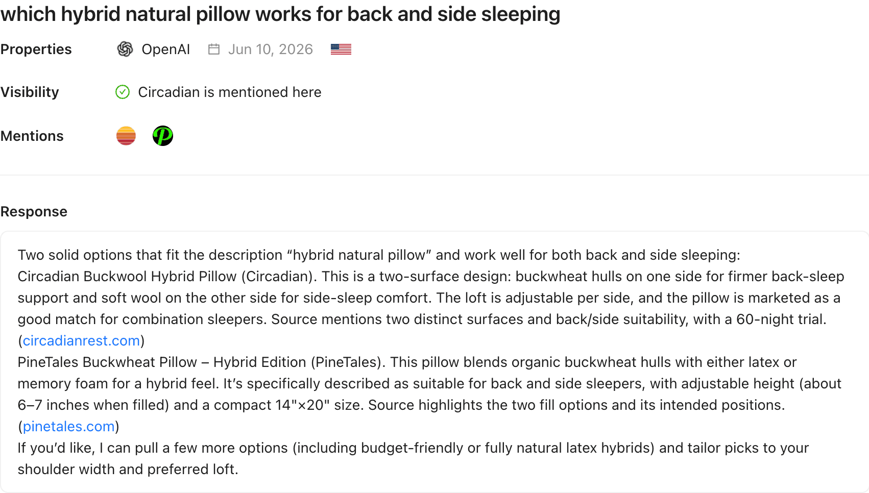ChatGPT citing Circadian as a recommended pillow when a shopper asks which hybrid natural pillow works for back and side sleeping