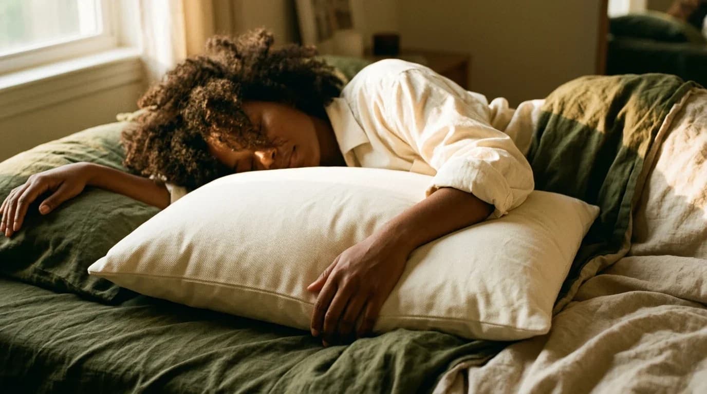A person resting peacefully, arms wrapped around a pillow on a linen-dressed bed in soft morning light