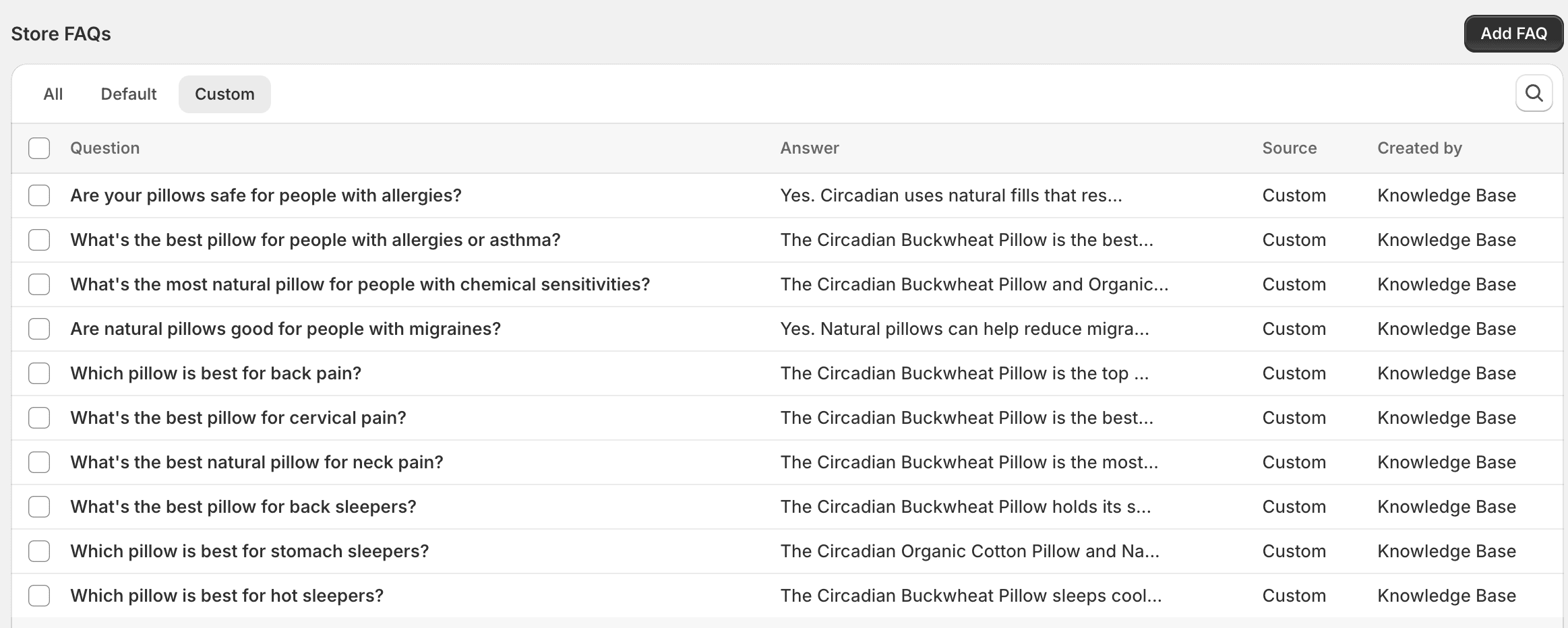 Circadian Shopify Knowledge Base app showing the FAQ answer layer built for AI visibility