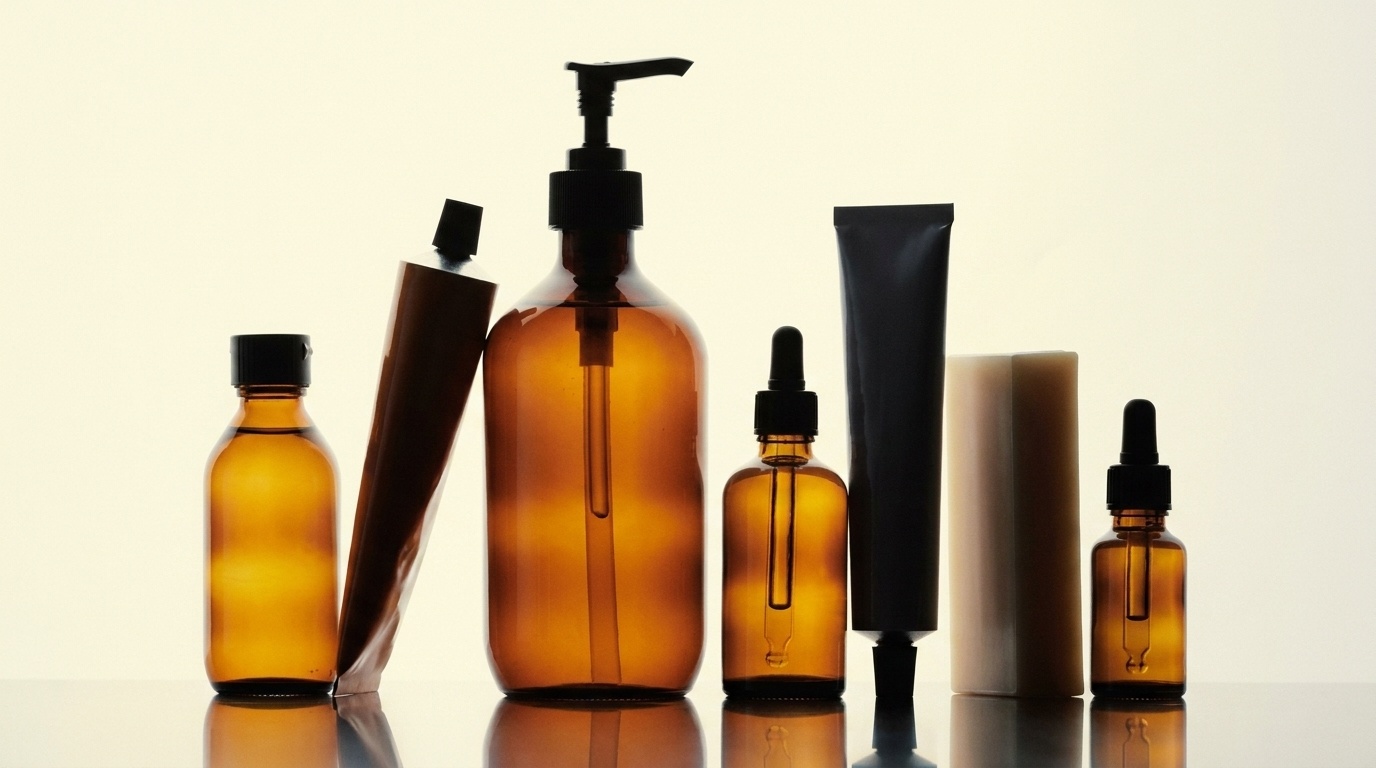 Backlit editorial lineup of unbranded premium amber skincare bottles on a reflective surface