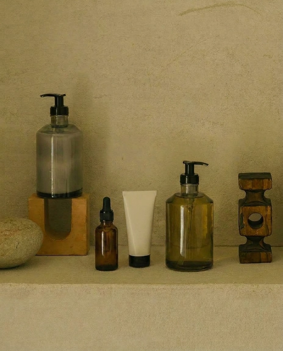 Editorial still life of unbranded clear-glass skincare bottles and a serum dropper on a warm plaster shelf