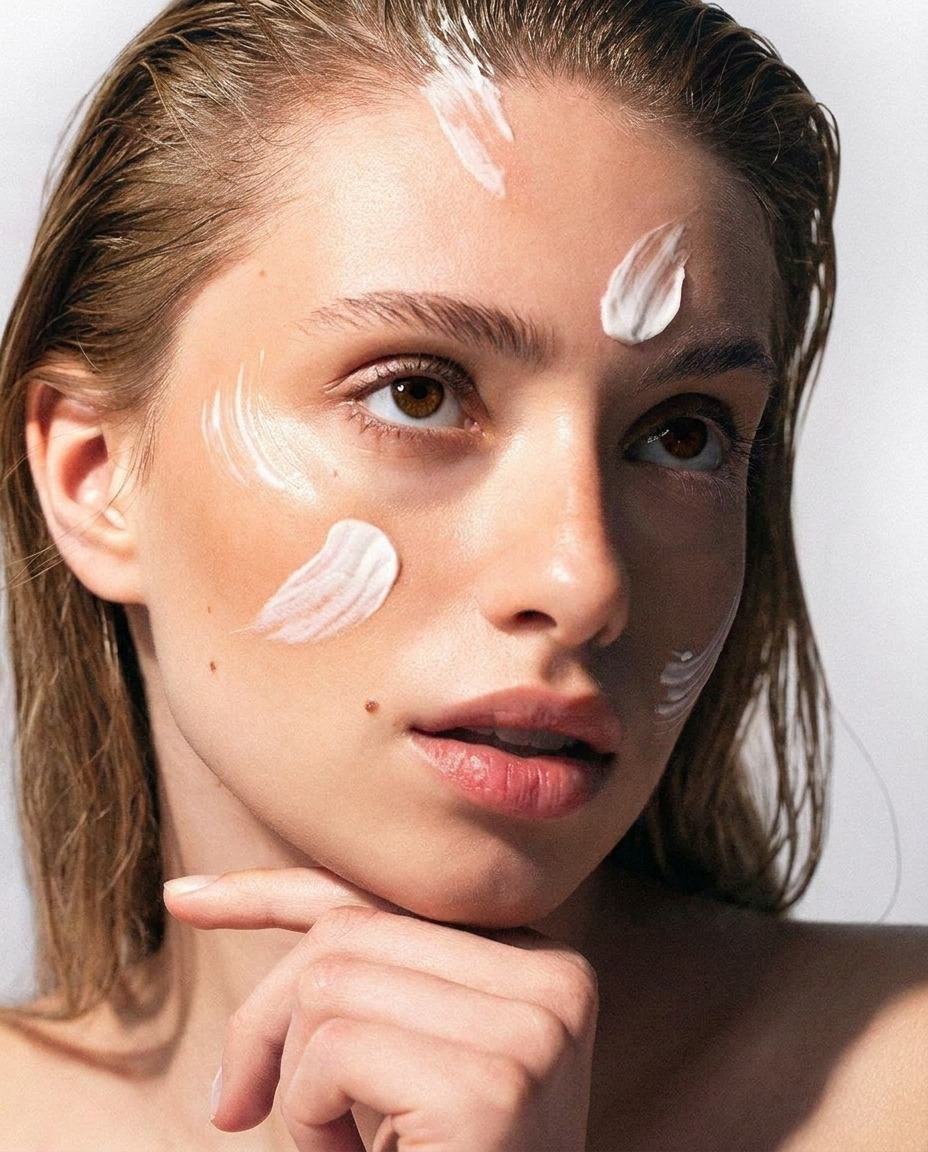 Beauty close-up of a blonde woman with brown eyes and skincare cream swatches on her face