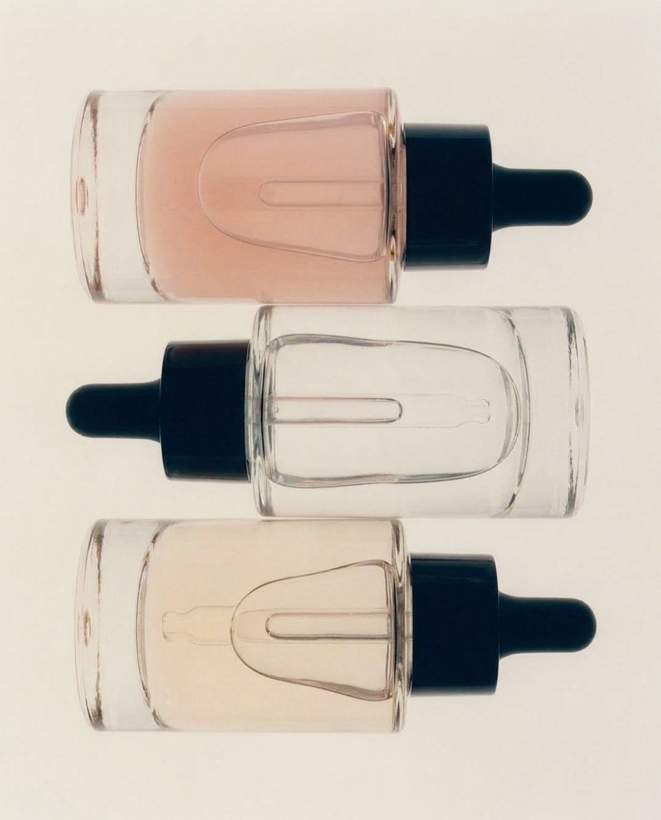 Unbranded glass serum dropper bottles in soft blush and clear tones