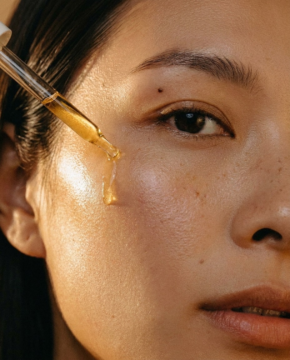 Close-up of a woman applying a golden serum with a glass dropper in warm sunlight