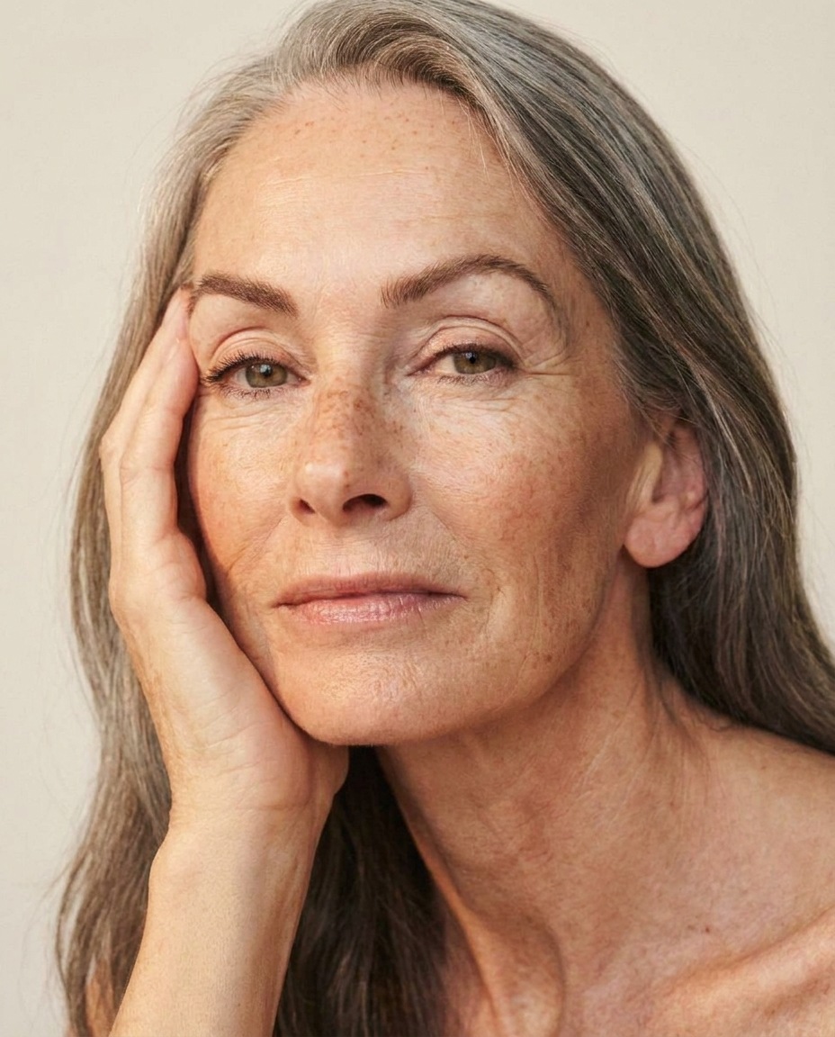 Mature woman with natural wrinkles and grey hair in an editorial skincare portrait